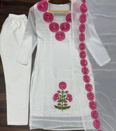 Women's White Faux Georgette Embroidered Straight Kurta Pant With Dupatta-MED3-TD-6014-PINK